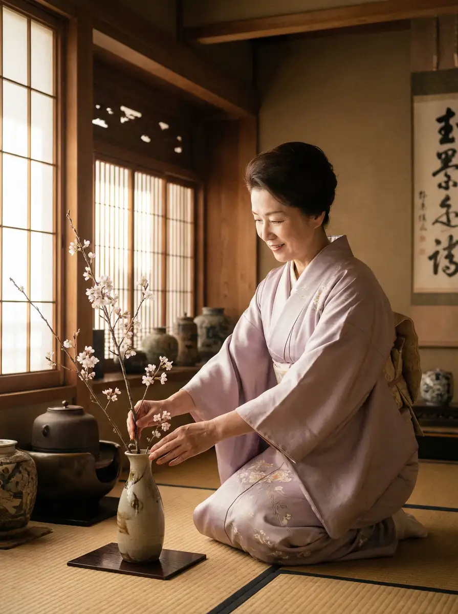 一位优雅的 《和搜子同屋的日子2在线》电影 在和室中插花